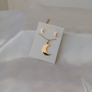 Gold Crescent Moon Jewelry Set — Stainless Steel Necklace & Dainty Stud Earrings